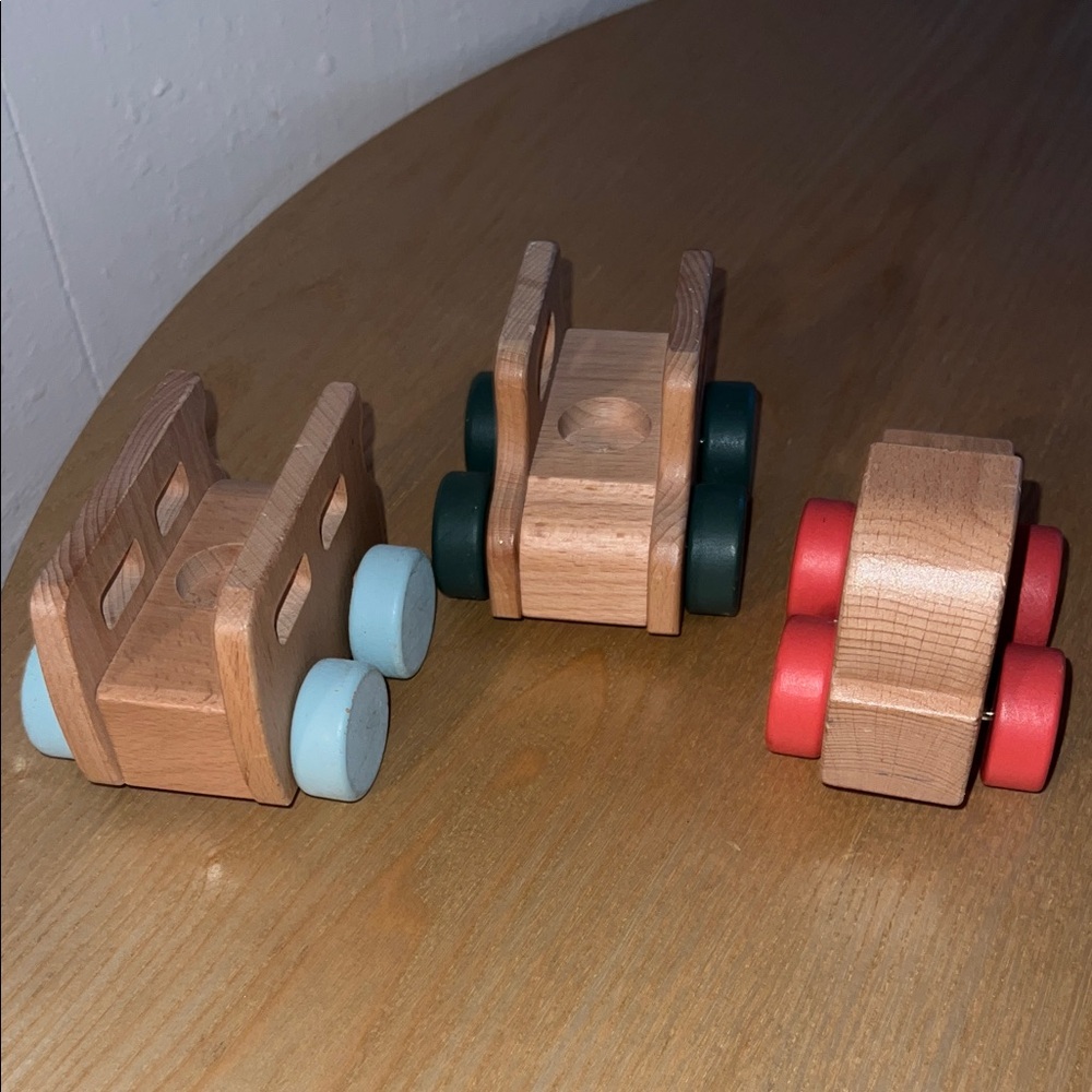 Hearth & Hand Wooden Toy Cars with Red, Blue, and Green Wheels